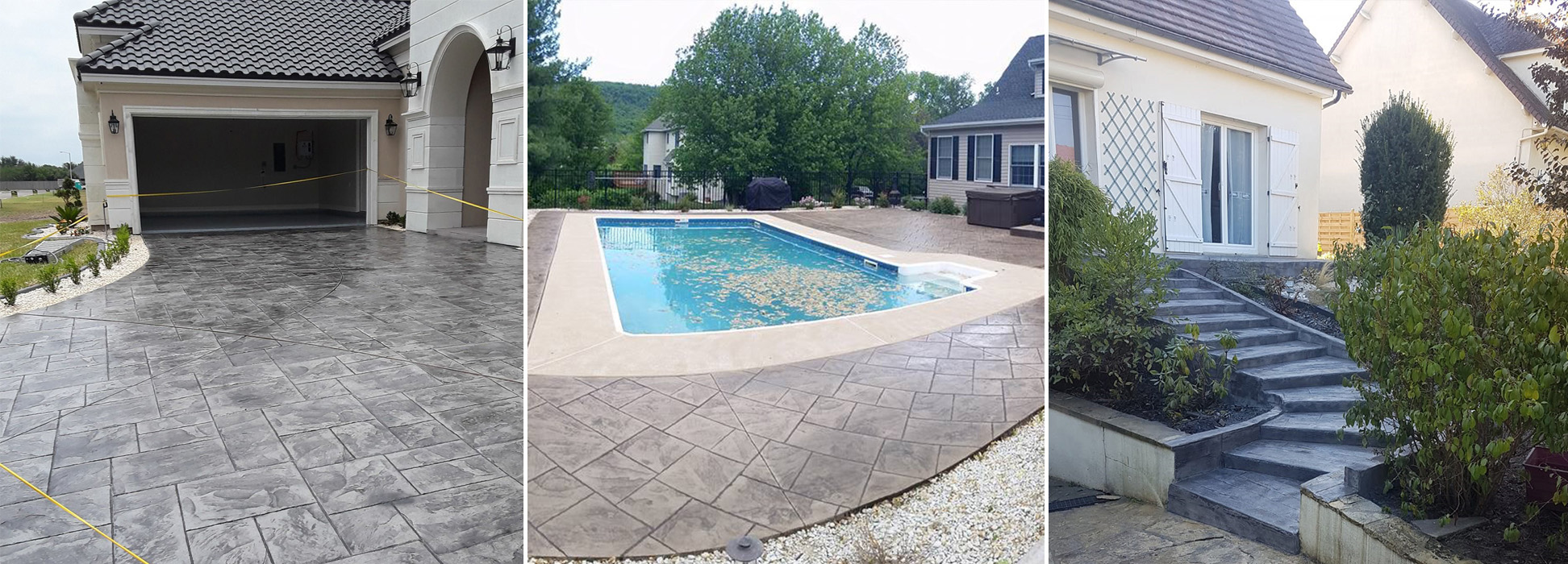 Réalisations LTI Construct : allée, terrasse piscine et escalier en béton imprimé